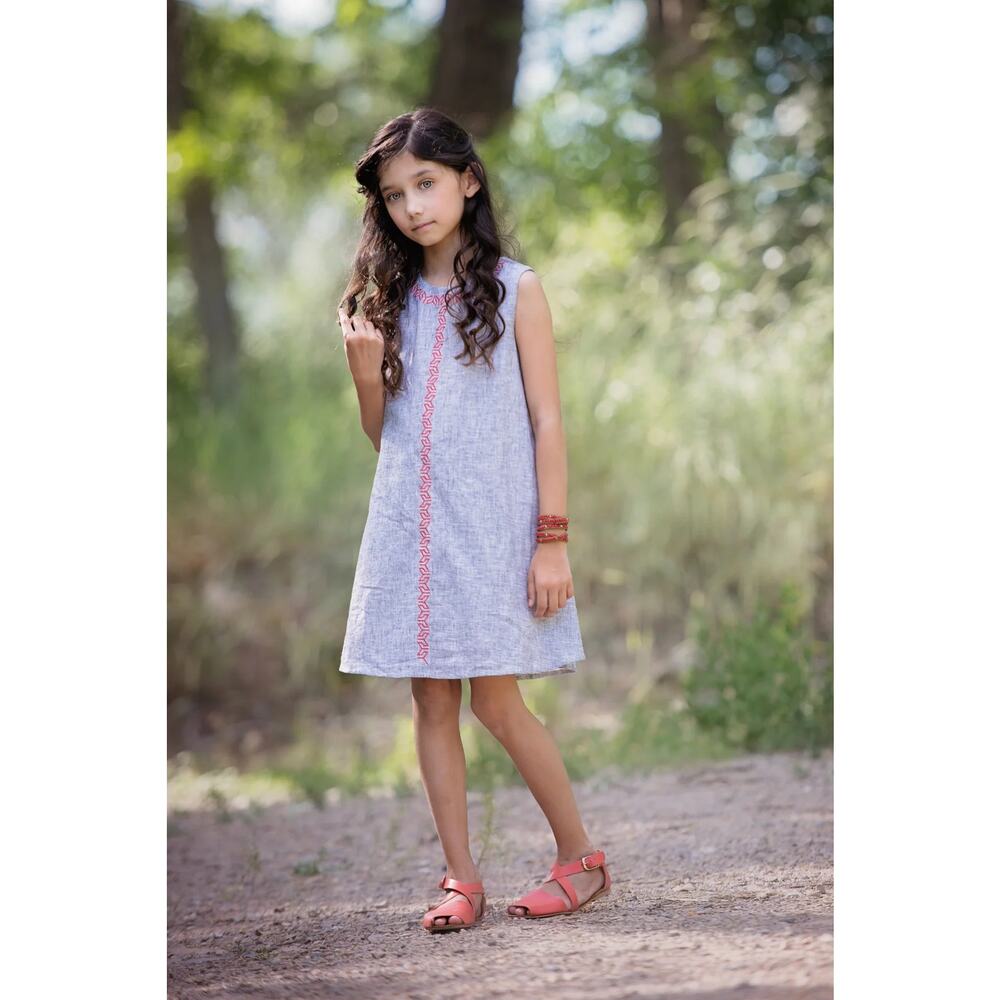 Persnickety‎ Girls Dress Sz 8 Kara Linen Blend Geometric Embroidery Red Gray NEW